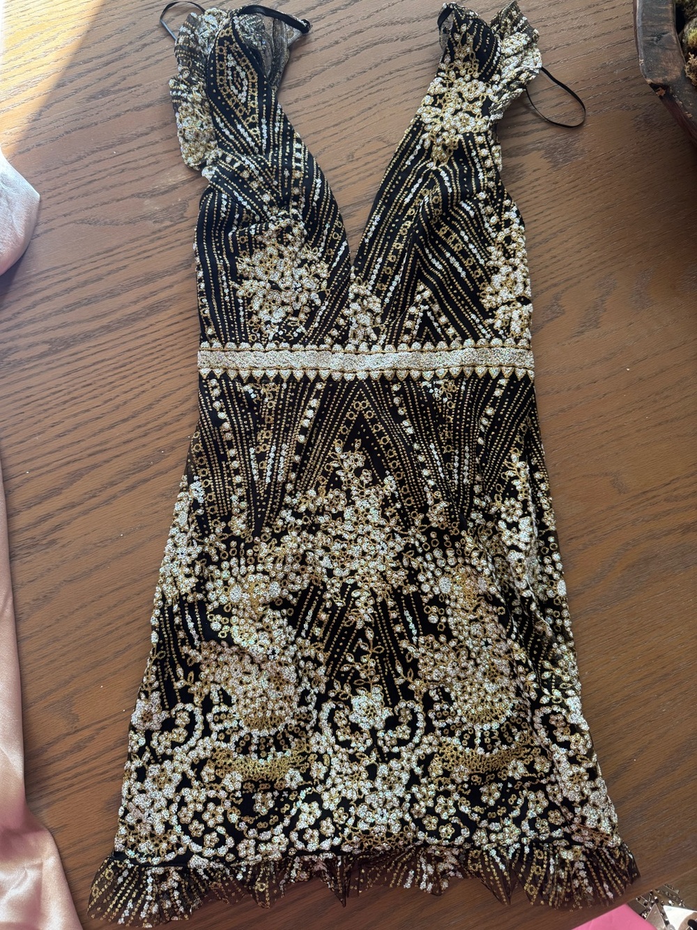 Hello Molly Black and Gold Beaded V-Neck Mini Dress